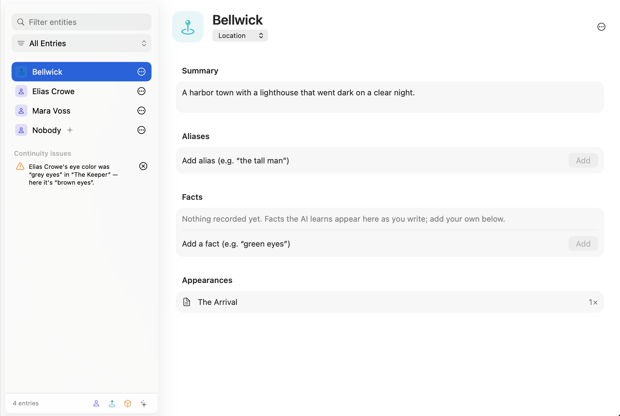 Everwrite Story Bible showing local entries, aliases, facts, appearances, and a continuity issue