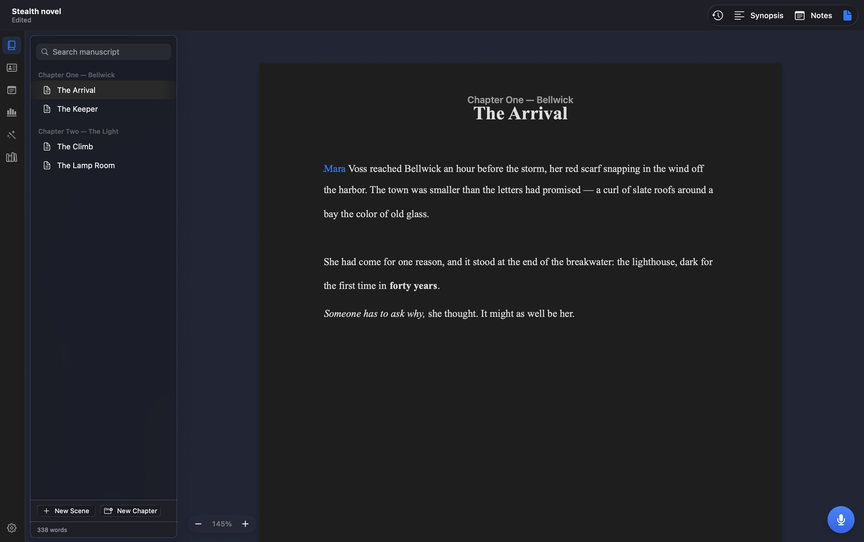 Everwrite manuscript editor in dark mode