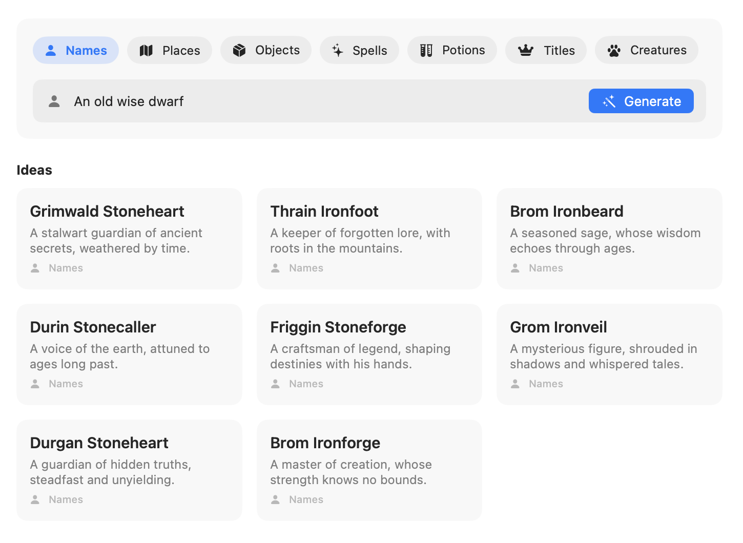 Everwrite on-device generator with categories for names, places, objects, spells, potions, titles, and creatures
